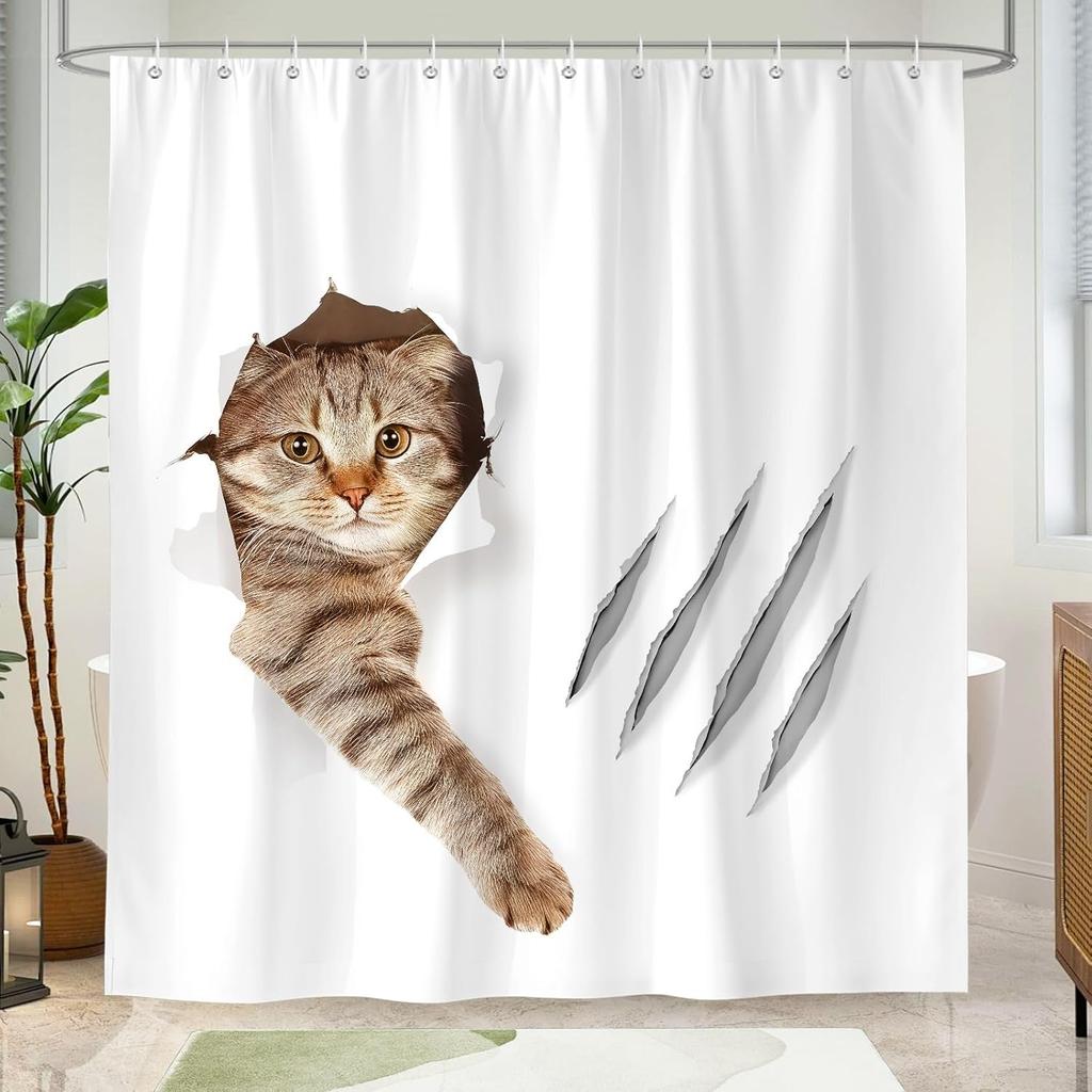 Funny Cat Shower Curtains 72 x 72 inch,Bathing Cat Waterproof Polyester Fabric Bathroom Curtain with 12 Hooks