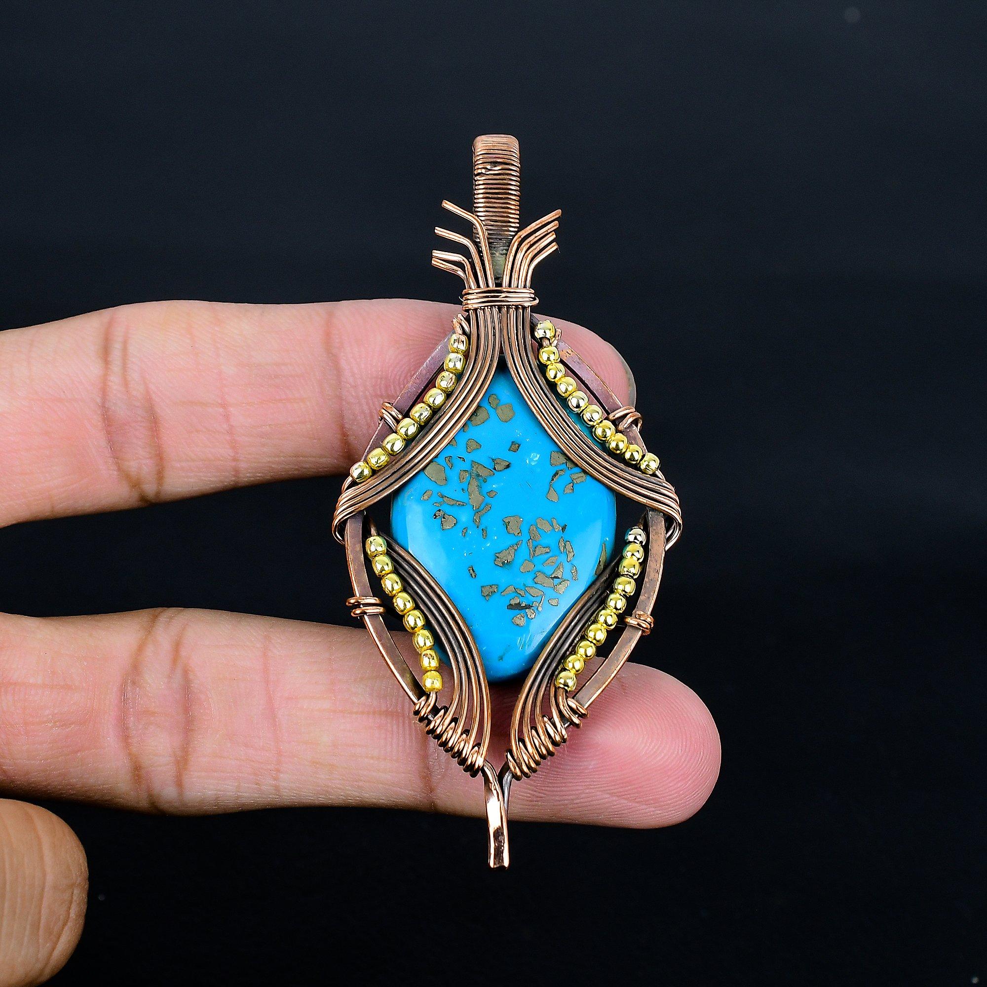 

Бирюзовый кулон, обернутый медной проволокой 999 пробы, кулон ручной работы с драгоценным камнем, подарок на день рождения 2.55