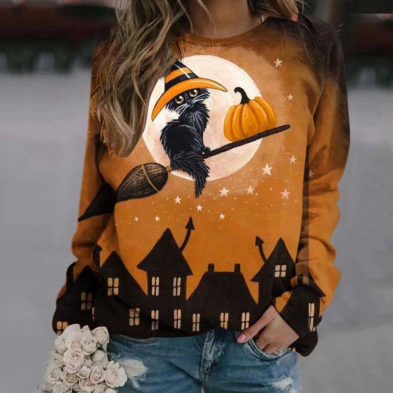 Autumn 3D Halloween Black Cat & Pumpkin Printed Sweatshirts Fashionable Casual Sports Long Sleeved Women's Hooded Sweatshirts