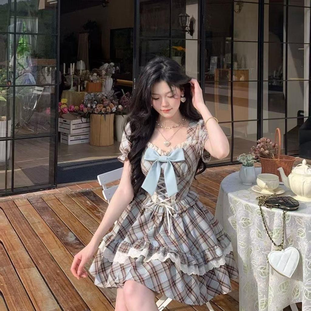 British College Style Age-reducing Retro Plaid Dress Women's Summer New Lace Strap Waist Princess Tutu
