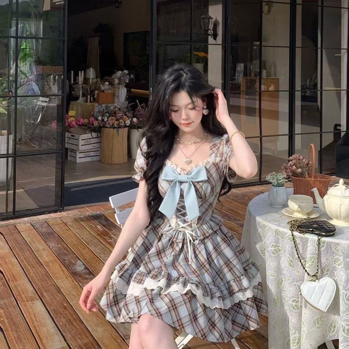 British college style age-reducing retro plaid dress women s summer new lace strap waist princess tutu S