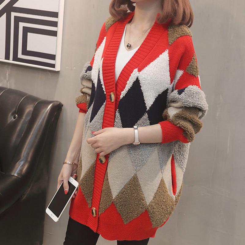 Cardigan in Maglia con Scollo a V a Blocchi di Colore e Motivo a Diamanti 2023 - Stile Coreano, Dimagrante, Vestibilità Larga per Primavera/Autunno.