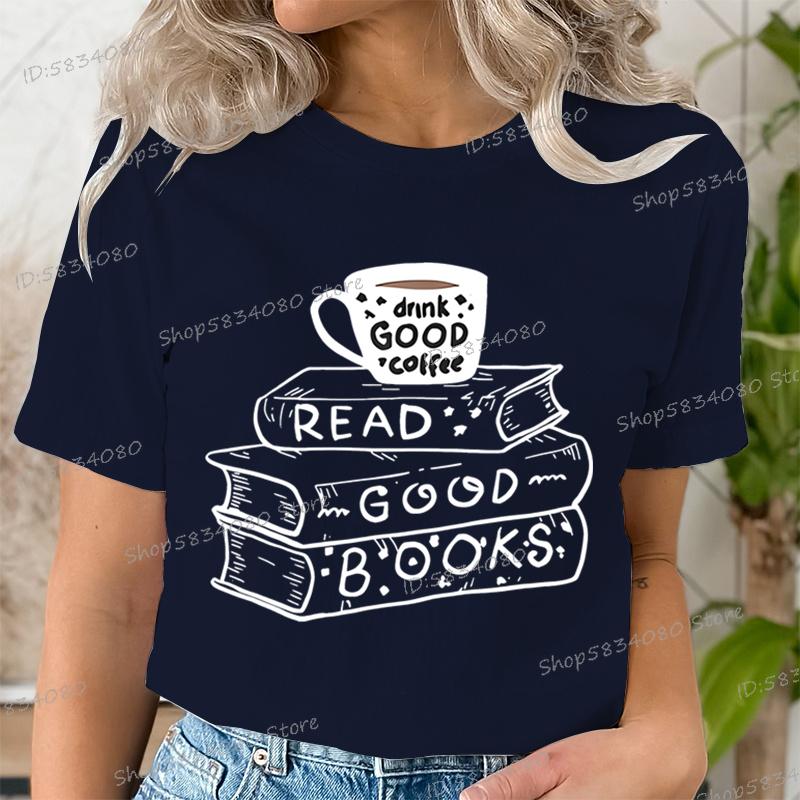 Casual Vintage Book Coffee T Shirt Women Trendy Bookish Short Sleeve Tshirt Book Lover Party Gift Coffee Lover Summer Clothes