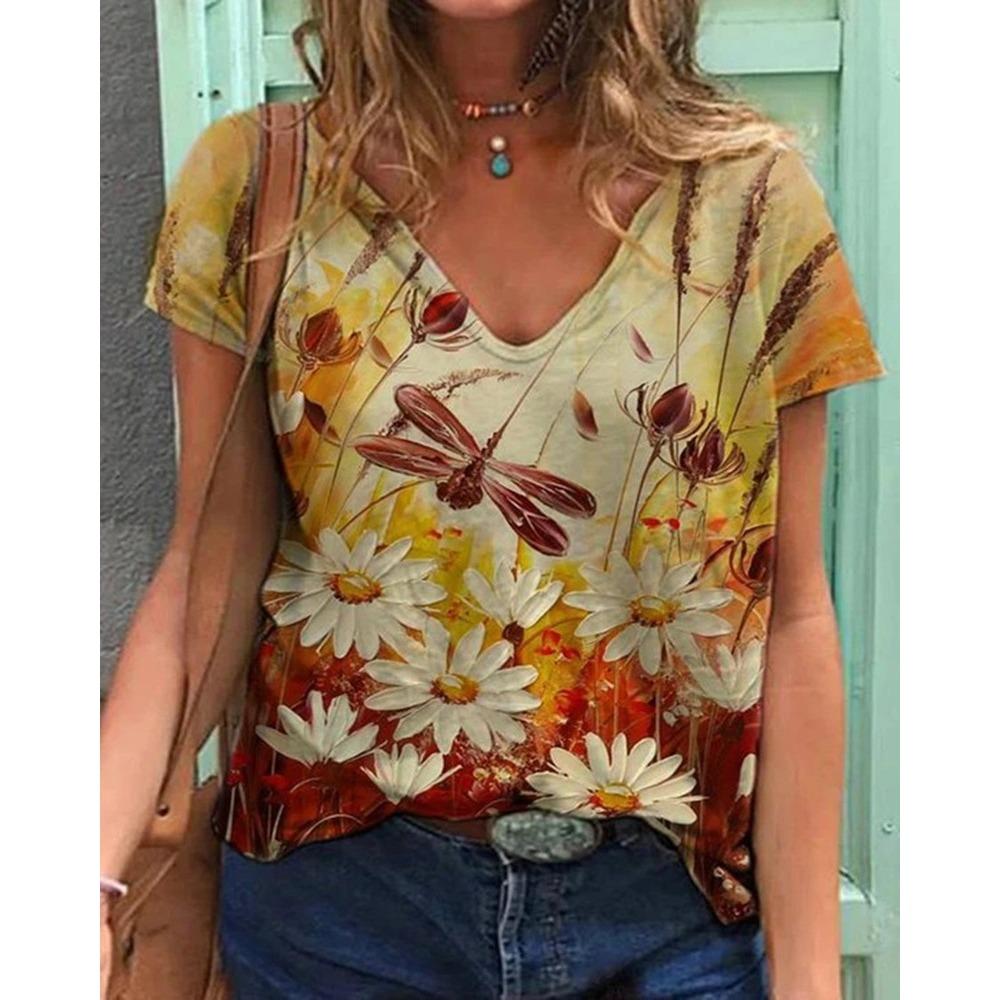 Summer Flower T-Shirts Floral 3D Print Women V-Neck Short Sleeve T Shirt Y2k Harajuku Oversized Tees Tops Female Street Clothing