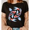 Cherry Blossom Koi Fish Red Sun Fashion Letter Print T-Shirt, Short Sleeve Crew Neck Casual Top for Summer And Spring