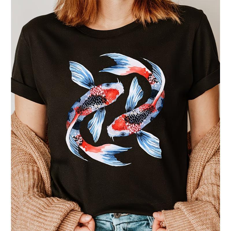Cherry Blossom Koi Fish Red Sun Fashion Letter Print T-Shirt, Short Sleeve Crew Neck Casual Top for Summer And Spring