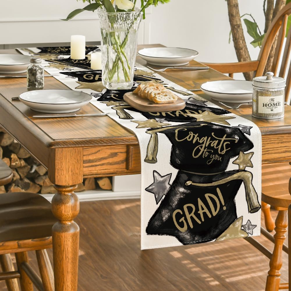 Artoid Mode Watercolor Congrats to You Star Trencher Cap Graduation Table Runner, Kitchen Dining Table Decoration for Home Party Decor 13x36 Inch