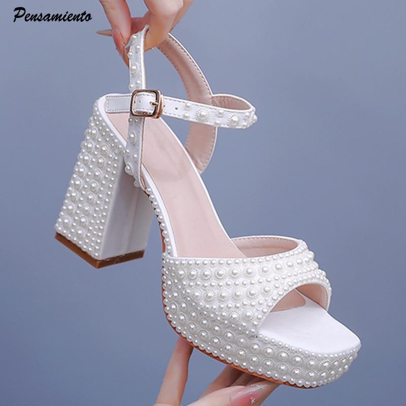 Luxury Handmade Full Pearls Thick Heeled Women Gladiator Sandals Summer Platform Wedges High Heels Chunky Sandals Shoes