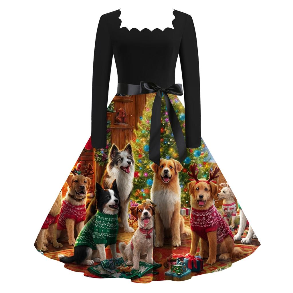 Women's Fashion Retro Long-sleeved Square Collar Christmas Printed Evening Dress