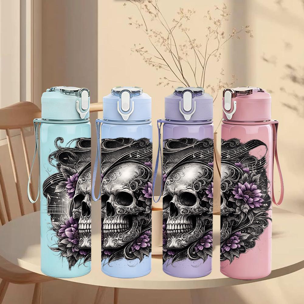 1PC Floral Vine Wrapped Dark Skull Bust 750ml Color Plastic Water Bottle Leakproof Flip Straw Lid For Sports Office Home Use