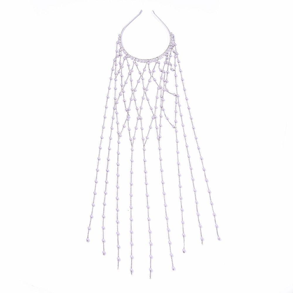 Long Tassel Pearl Tassel Headpiece Hollow Mesh Tassel Headband Bridal Hair Chain  Women Gifts