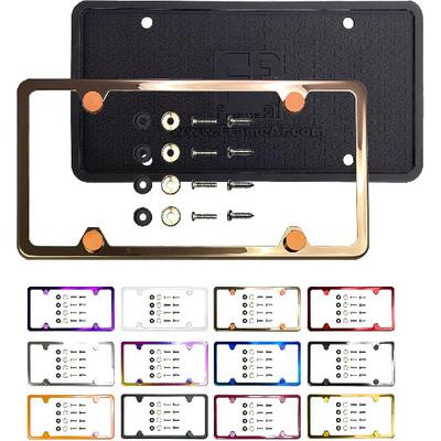 T304 Stainless Steel Four Holes Slim License Plate Frame Rose Gold Mirror Chrome Electroplating Universal Fit Aluminum Screw On Cap Cover, Silicone