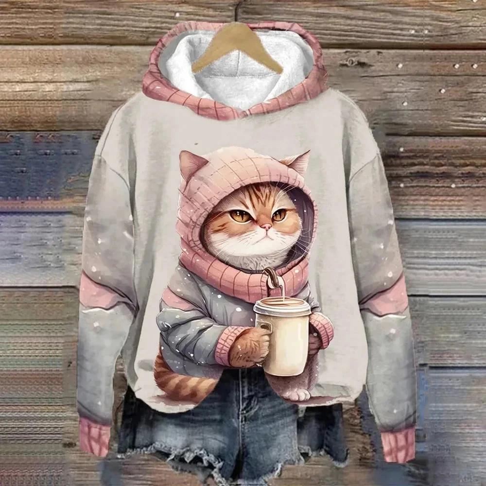 Sudadera con capucha para mujer, divertida sudadera con estampado de animales y gatos kawaii, ropa informal para mujer, sudadera bonita