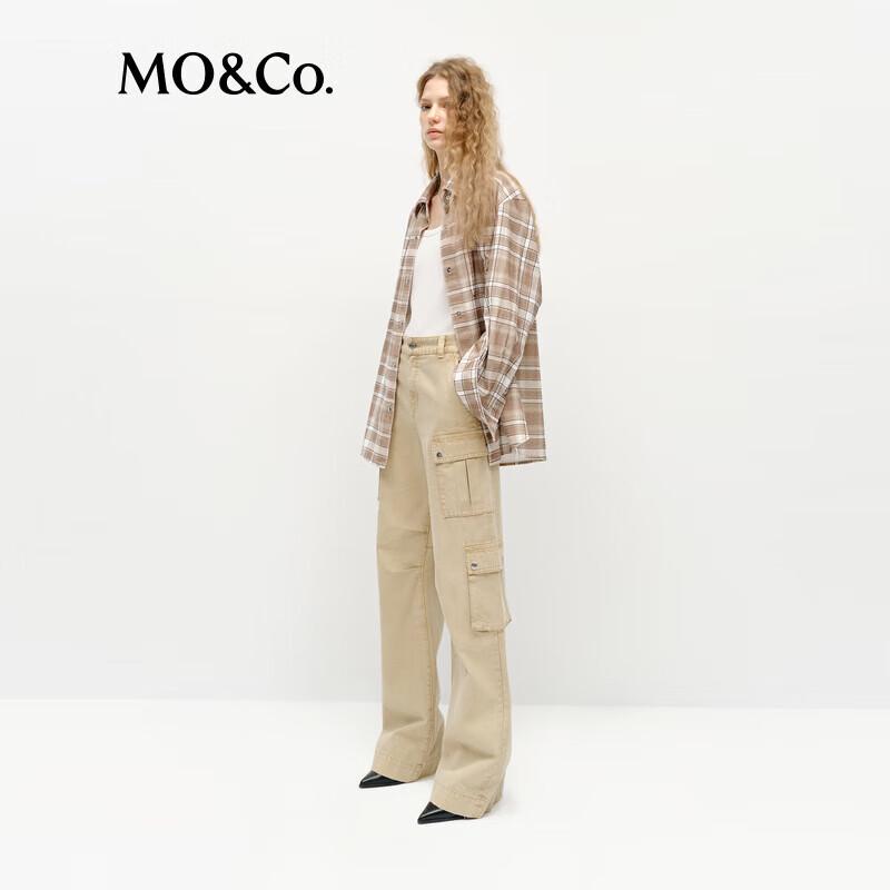 MO&Co. Khaki Plaid Washed Cotton Loose Shirt XS