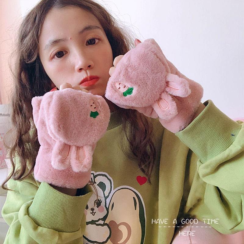 Mănuși cu urechi de iepure de pluș de toamnă și iarnă: Design drăguț cu jumătate de deget de desene animate, cald, compatibil cu ecran tactil pentru studenți și femei