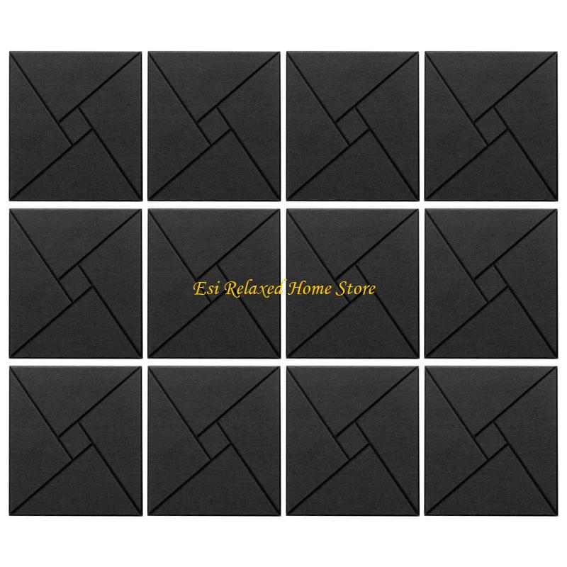 

B46E Pack of 12 Square Foam Panels Polyester Polyester Soundproof Wall Panels Wall Tiles Suitable for Living Room Studios чорний