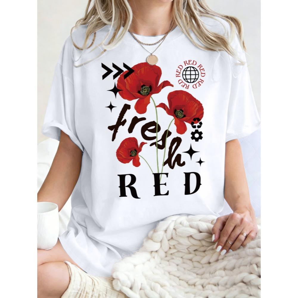 Fresh Beautiful Red Flower Pattern Womens T Shirts Cotton Casual T-Shirt Summer O-Neck Clothes Oversized Sportswear