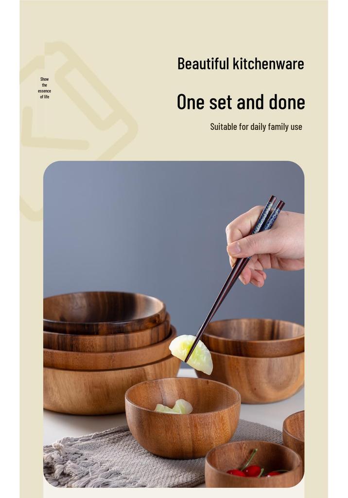 Acacia Wood Salad and Rice Bowl - Large Round Wooden Basin Tableware