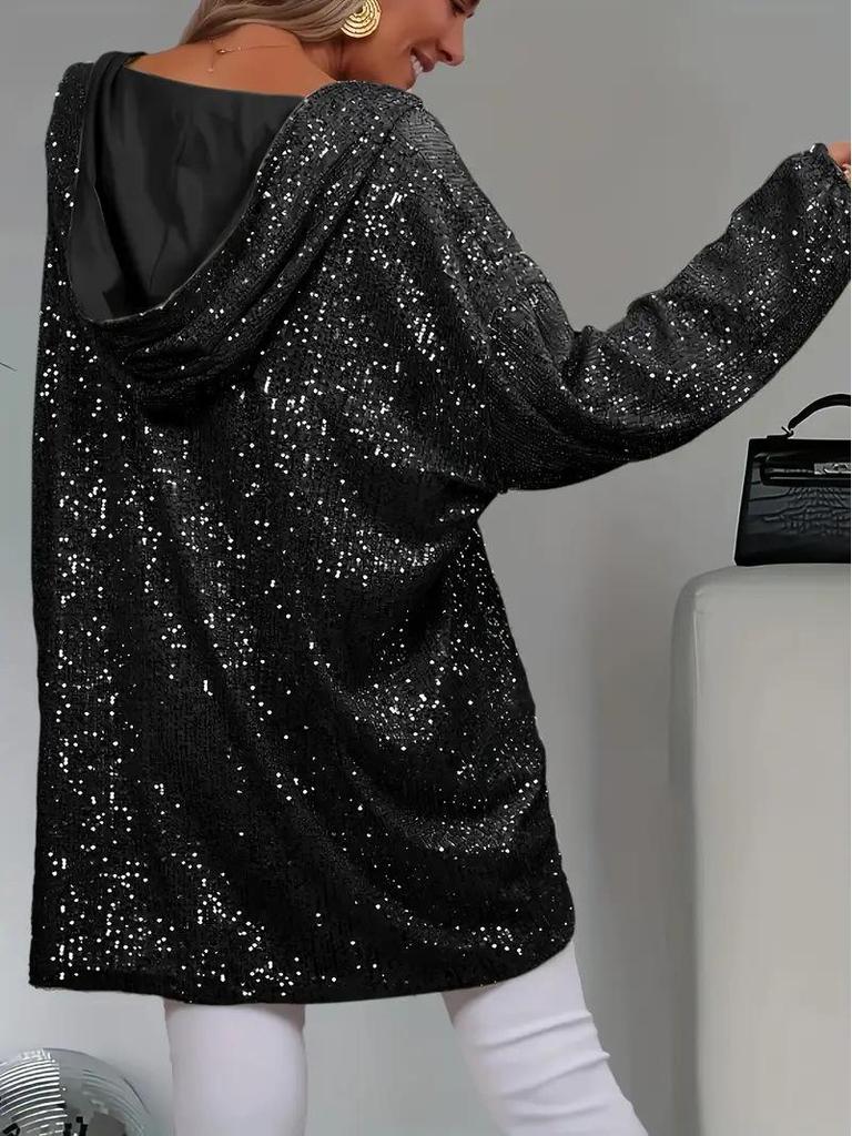 Women's Elegant Sequin Beaded Loose-Fit Hooded Pullover Sweatshirt