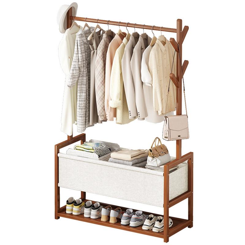 Bamboo Clothes Rack Portable Large Garment Rack 1/2 Tire Storage Box Shelves Freestanding Coat Rack for Entryway & Bed Room