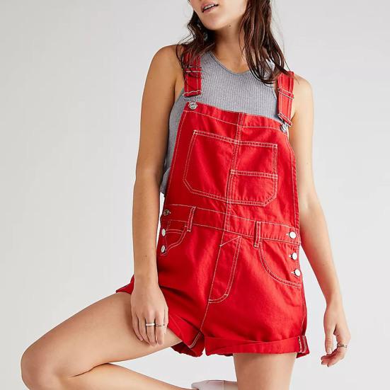 Women Suspender Jeans Denim Shorts Square Neck V-shaped Back Loose Pockets Adjustable Shoulder