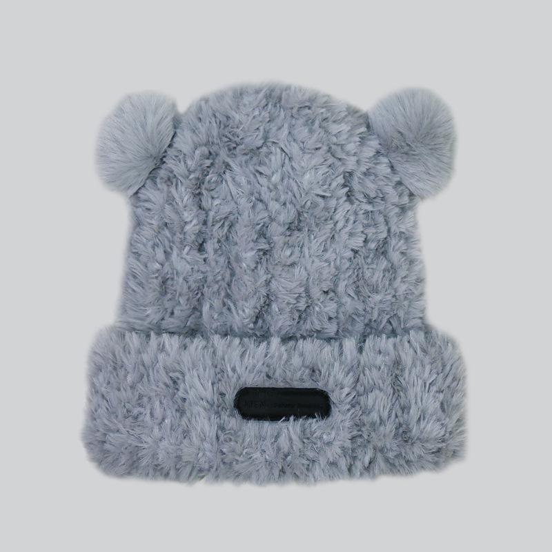 Cute bear plush knitted wool hat children 2025 new autumn and winter warm fluffy pullover ear hat