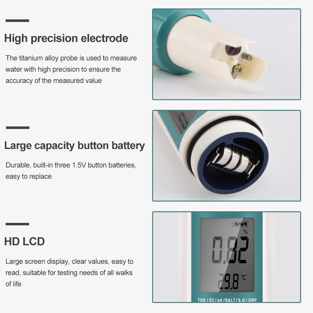 New Blue-tooth 7 in 1 PH/TDS/EC/ORP/Salinity /S. G/Temperature Meter Water Quality Tester for Drinking Water Aquariums PH Meter