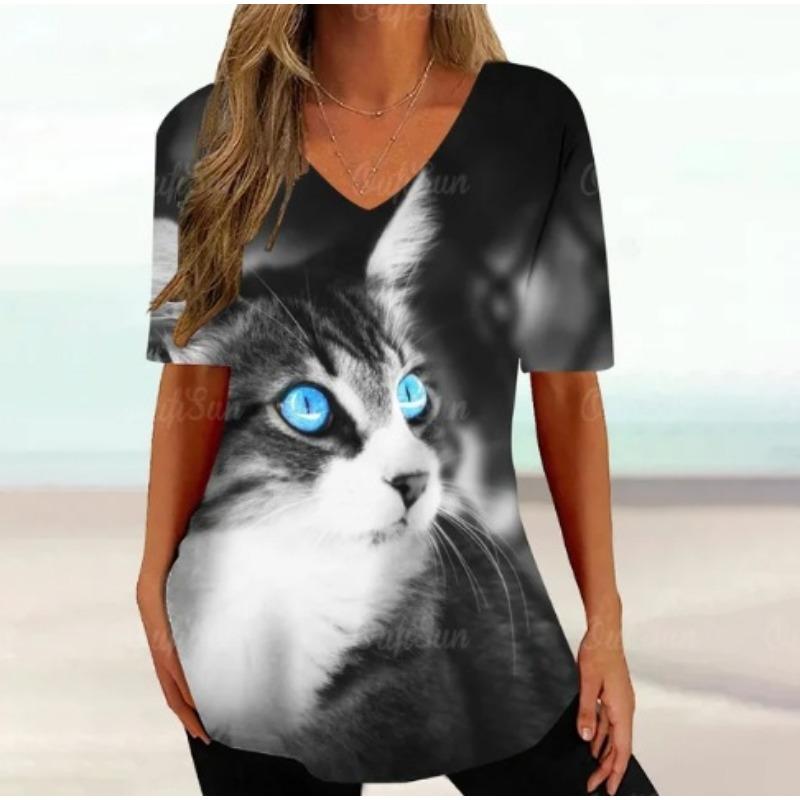 Summer V-neck 3D Cartoon Cat Printed Top Fashionable Casual Short Sleeved Women's T-shirts