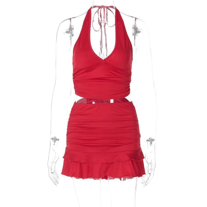 Neck Tied Top, Hip Hugging Skirt Set Halter Lace-up Tops Bodycon Dress Suit