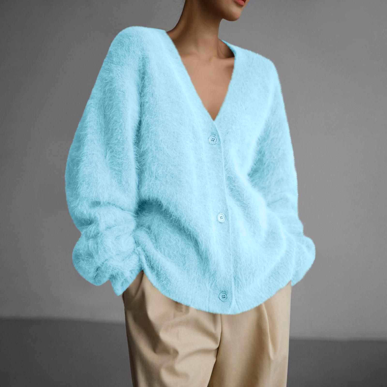 

Женские свободные кардиганы с лохматым воротом, осенние модные кардиганы с открытым передом и длинными рукавами на пуговицах XL небесно-голубой