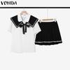 VONDA Two Pieces Women Summer Naval Collar Short Sleeve Preppy Style Tops and Mini Pleated Skirts Sets
