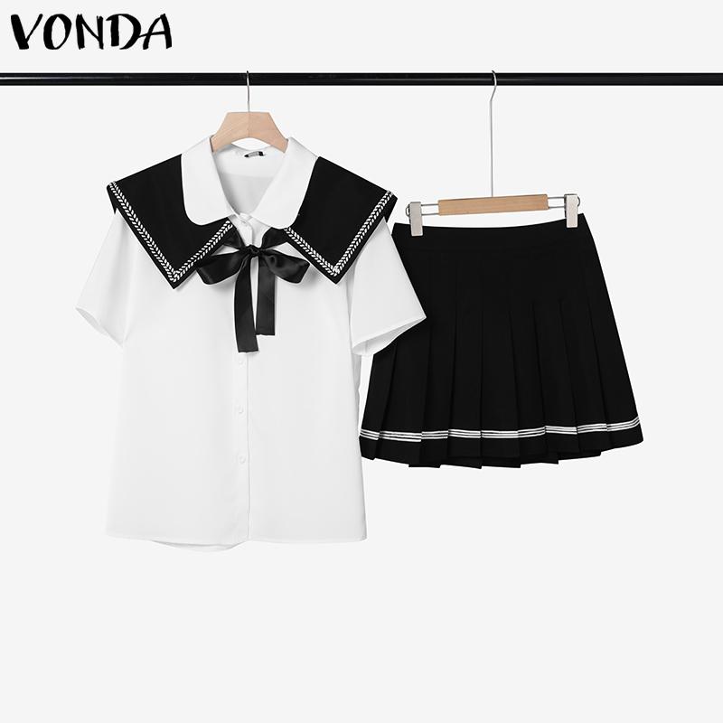 VONDA Two Pieces Women Summer Naval Collar Short Sleeve Preppy Style Tops and Mini Pleated Skirts Sets