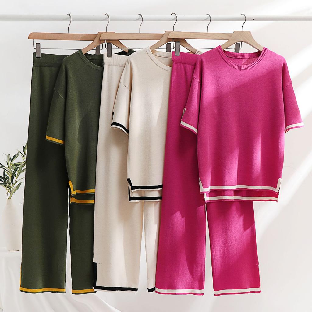 Ice Silk Knitted Suit Women's Suit Spring and Summer Two-piece Set Short-sleeved Splicing Casual and Thin Fashion