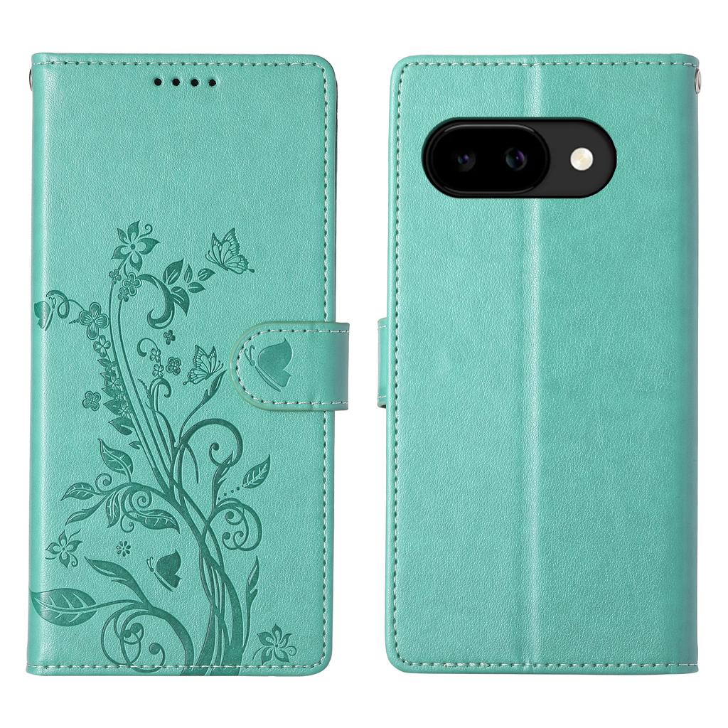 For Google Pixel 10a Wallet Case Butterfly Floral Imprint PU Leather Phone Cover with Wrist Strap
