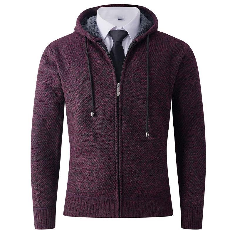 Winter Men'S Cardigan Hooded Sweater Simple Solid Color Fleece Thickened Knitted Sweater Casual Jacket