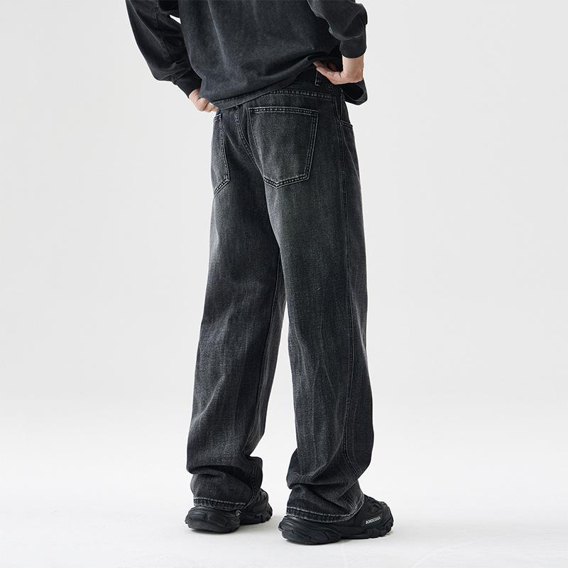 Autumn and winter black American high street washed old trendy jeans men's loose casual retro straight wide-leg pants