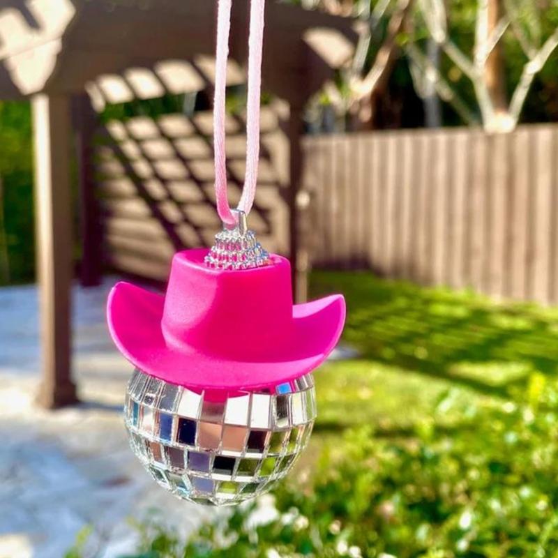 Pălărie roz de cowgirl cowboy, farmec pentru mașină, oglindă retrovizoare agățată, minge de discotecă, breloc decorativ, accesorii occidentale, geantă, decor mașină