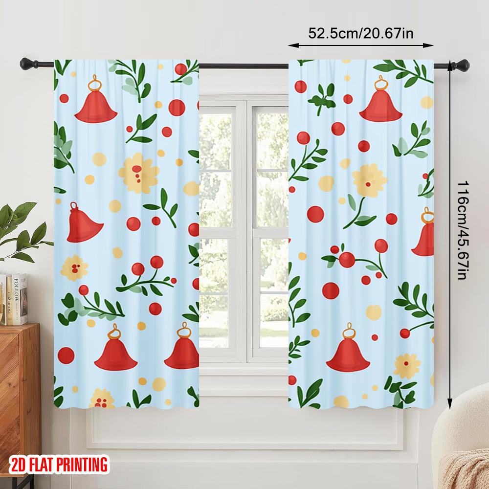 2pcs,2D Plane Printing Pattern Curtains Christmas Bells Holly Durable Polyester (without Rod) Festive for Various Rooms,