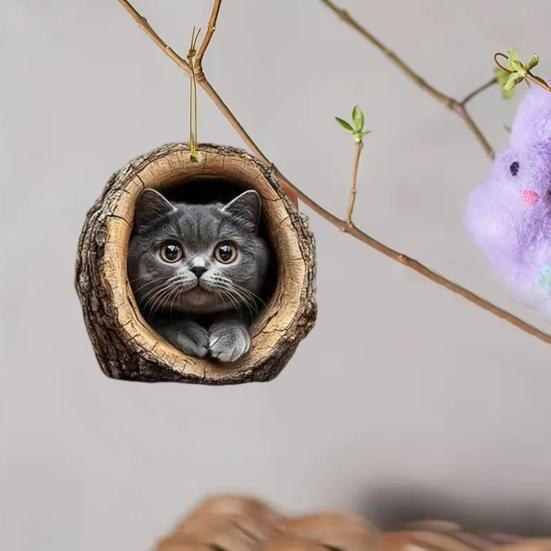 2D Kočičí Dekorace Závěsná Akrylová Kočka v Dírce Stromu Dekorace Ozdoba na Vánoční Stromek pro Milovníka Koček Dárek Slavnostní Dekor