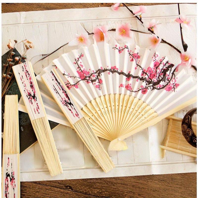 6pcs Cherry Blossom Fabric Folding Fans - Japanese Style Handheld Fans with Pink & Black Floral Design, Elegant Wedding Party Favors & Home Decor