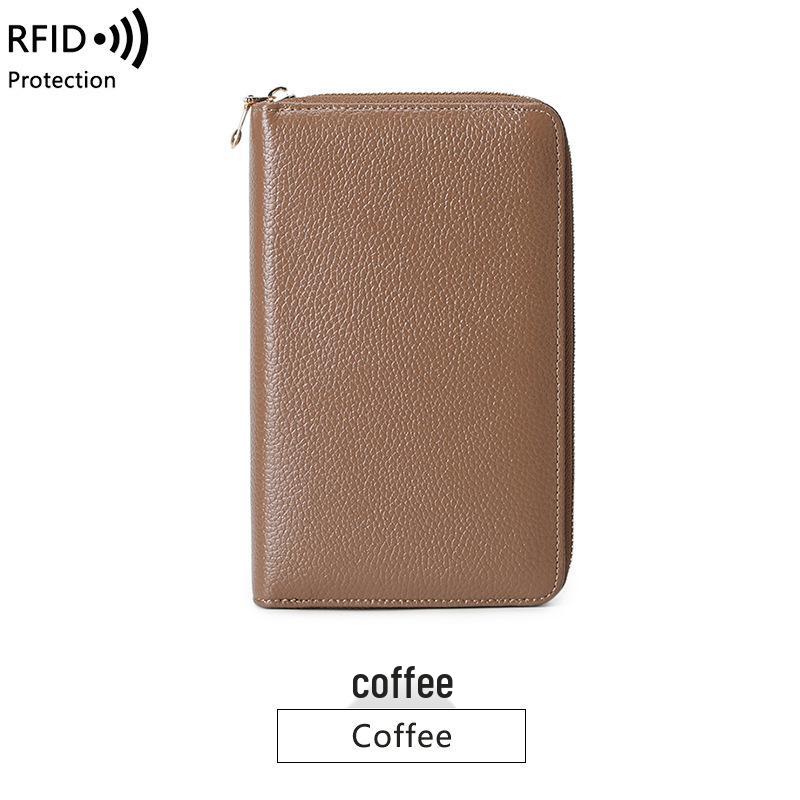 RFID Long Wallet: Top Grain Cowhide Passport & Document Holder with Zipper Phone Pouch for Men & Women