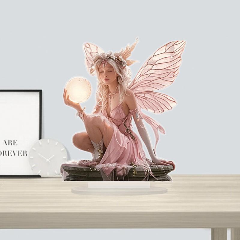 Pink Fairy Angel Holding  Moon 2D 8in Dreamy Acrylic Home Desktop Decor Artistic Design Color Printing Delicacy Girl Party Gift