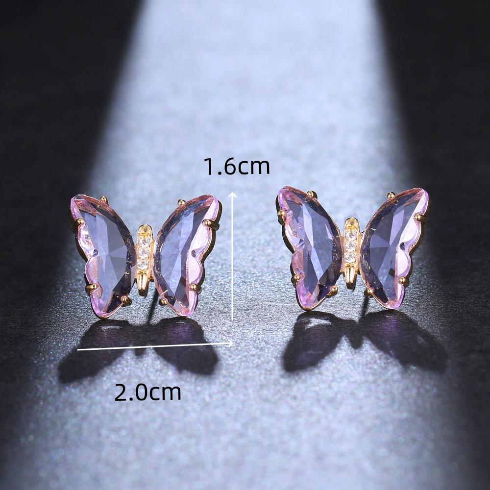 Crystal Glass Butterfly Stud Earring for Women Hole Green Transparent Animal Jewelry Christmas Girl Gift