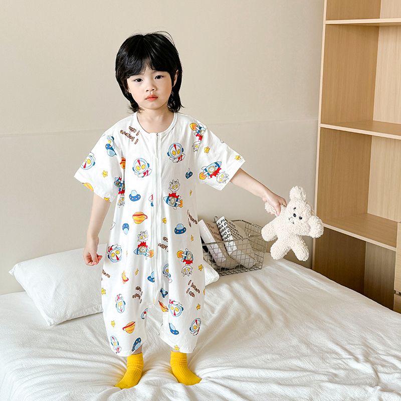 Lightweight Pure Cotton Short Sleeve Baby Sleeping Bag - Anti-kick, Breathable One-piece Pajamas & Crawling Romper for Home Wear