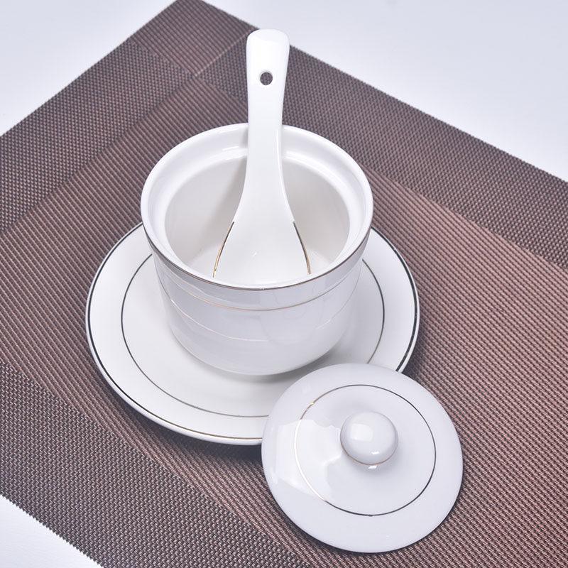Gold-Trimmed Ceramic Water-Bath Stew Pot with Lid - Includes Egg Steaming and Bird's Nest Bowls, Round Soup Cooker for Home or Hotel Use.