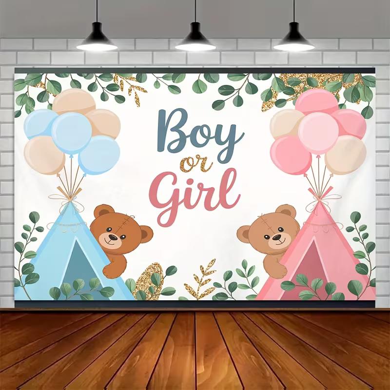 2D Boy or Girl Gender Reveal Backdrop Teddy Bear Photography Background Banner