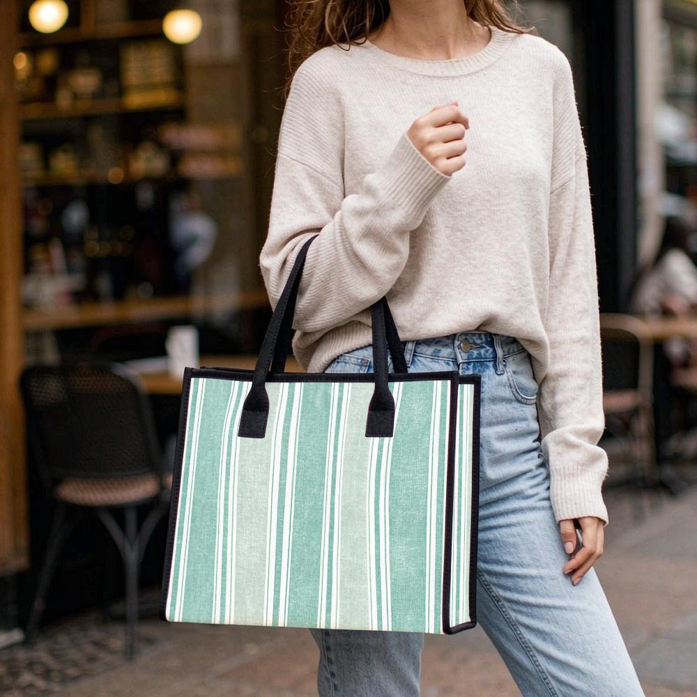 Green Striped Tote Bag Casual Large Daily Use Shoulder Handbag