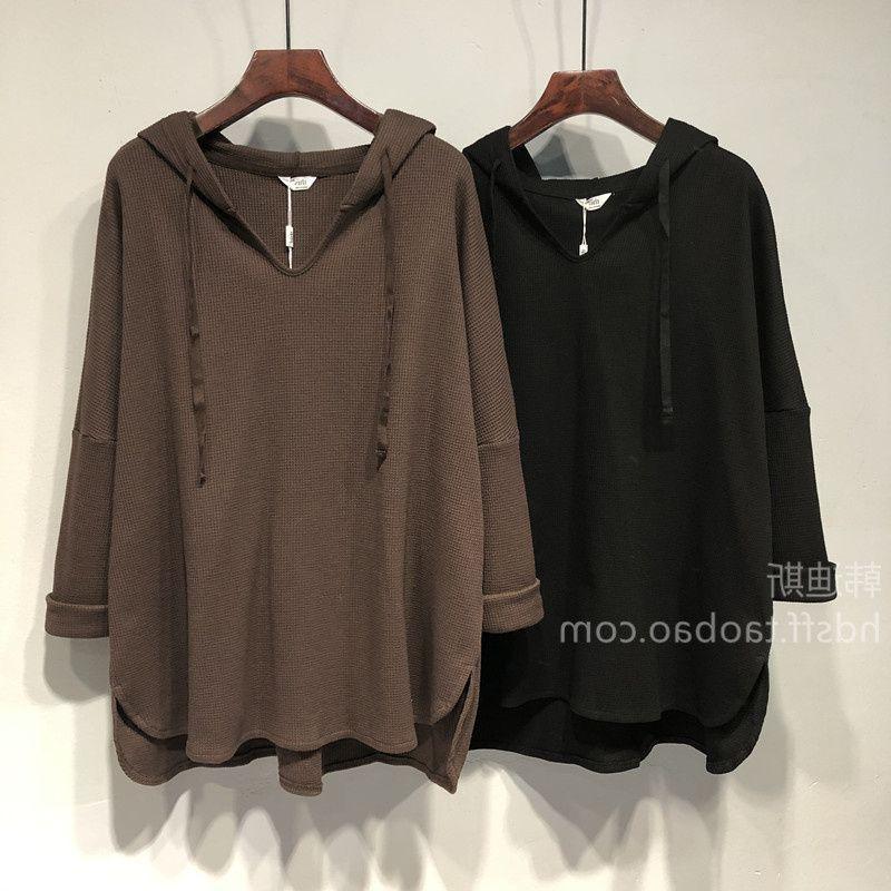 Spring and Autumn Fashion Maillard Wear Loose Casual Waffle V-neck Long Sleeve Solid Oversized Women's Mid Length Hoodie