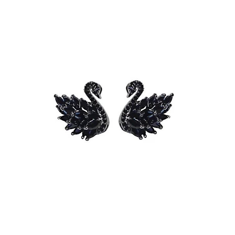 Korean Style Black & White Swan Zirconia Stud Earrings with S925 Silver Needle - Versatile & Elegant.