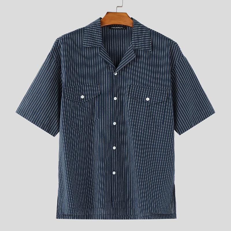

INCERUN Oversized Men Turn Down Collar Striped Print Buttons Up Casual Summer Shirts S темно-синий